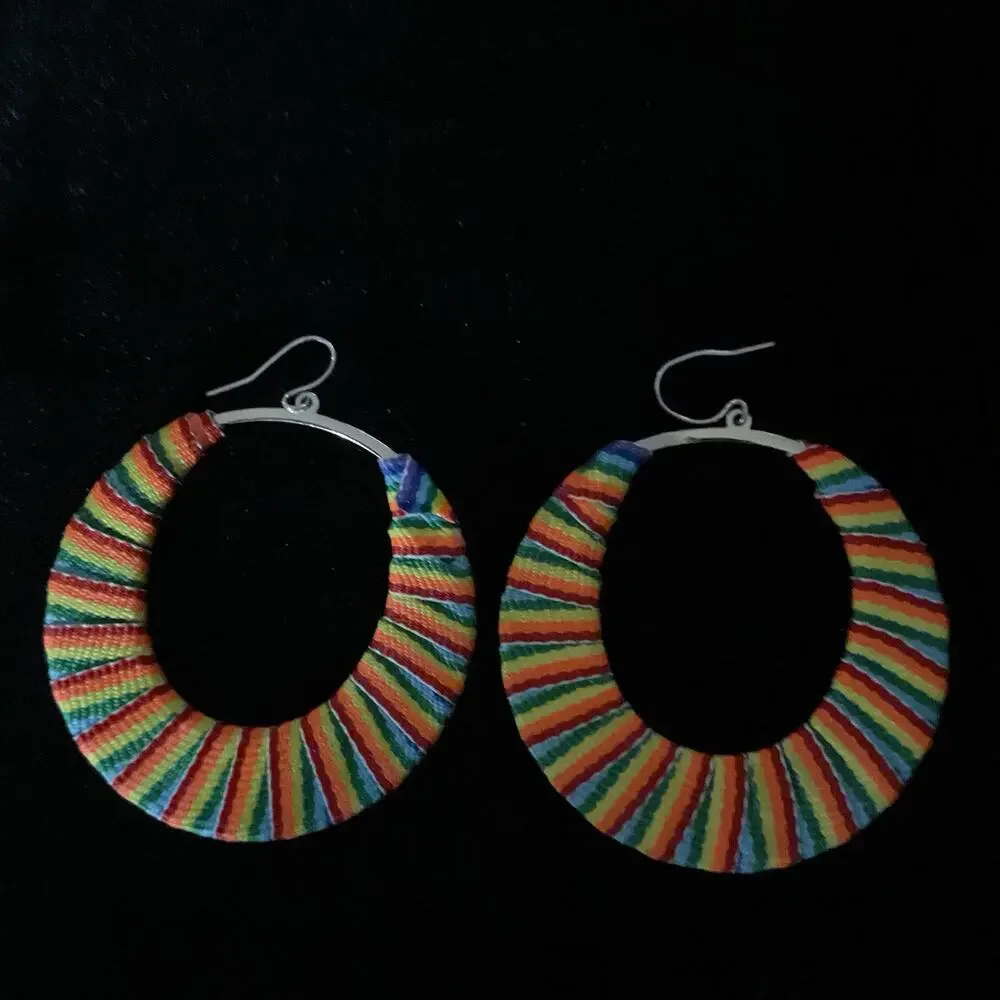 Boho Colorful Woven Thread Wrapped Large Hoop Earrings Festival Summer Jewelry